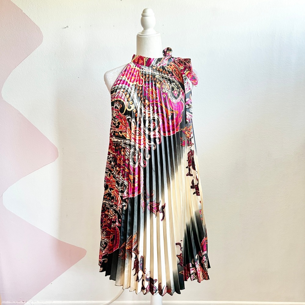 Paisley Pleated Satin Dress Bohemian Boho‎ Indie Romantic One Size